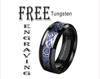 Tungsten Black Silver Celtic DragonRing, Blue Carbon Fiber Ring Tungsten Black Silver Dragon Wedding Band Mens, Black Silver-8mm