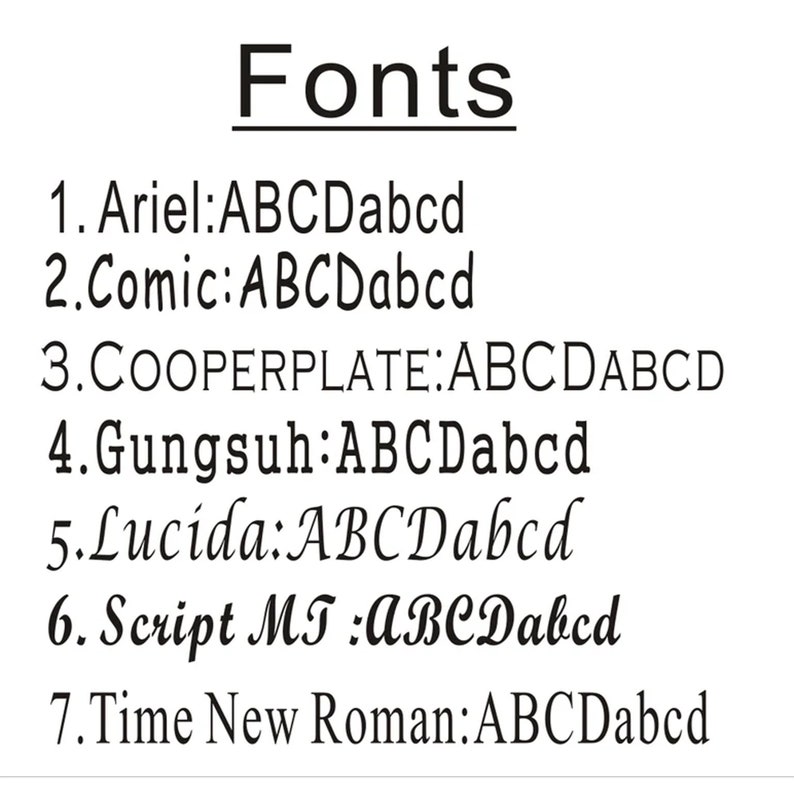 K&ouml;nnte beinhalten: Eine Liste von Schriftarten mit ihren Namen und Beispielen f&uuml;r die Buchstaben ABCDabcd in jeder Schriftart.