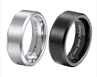 Personalized Mens Tungsten Wedding Band, SILVER BLACK Wedding Tungsten Ring,  Male Wedding Band, Custom Engraved Mens Ring,  8MM Wide Ring