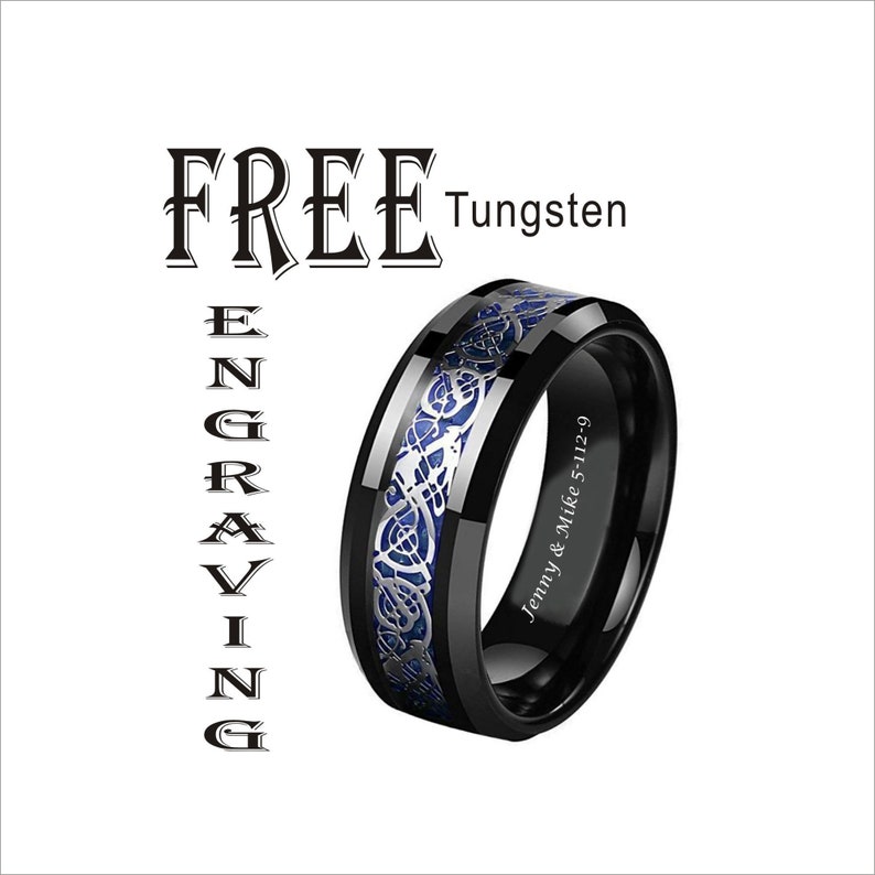 Black Silver Celtic Dragon Tungsten Ring Black Silver-8mm Blue Carbon Fiber Ring,Tungsten Black Silver Dragon Wedding Band Mens