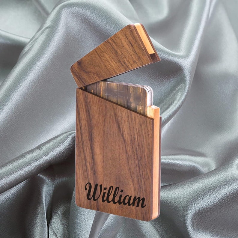 Personalized BUSINESS CARD CASE Holder Engraved Wood Wooden Cards Case Holder for Wedding Groomsman Bridesmaid Her Him Dad Gifts image 2