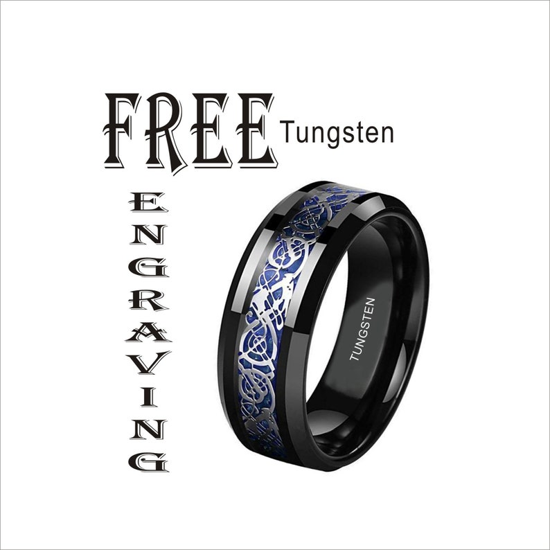 Black Silver Celtic Dragon Tungsten Ring Black Silver-8mm Blue Carbon Fiber Ring,Tungsten Black Silver Dragon Wedding Band Mens