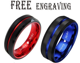 Personalized Black Red Tungsten Ring , Black Blue Wedding Engagement Ring Custom Promise Ring, Men Ring, Custom Couple Rings-Wide 8mm, 6mm