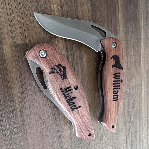 Gifts for Men, Personalized Engraved Walnut Wood Pocket Knife - 30 Icons, 10 Stylish Font - Custom Knives-Valentine's day , Anniversary Gift