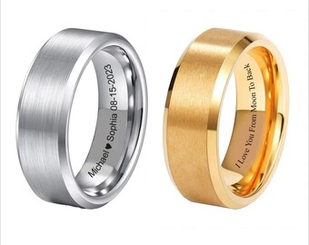Personalized Mens Tungsten Wedding Band, GOLD SILVER Wedding Tungsten Ring,  Male Wedding Band, Custom Engraved Mens Ring,  8MM Wide Ring