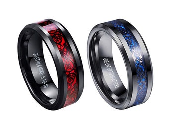 Black Tungsten Ring, Blue, Red Carbon Fiber Ring, Celtic Dragon Tungsten Ring, Personalized Wedding Band Engagement gift,Gift for couple-8mm