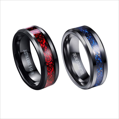 Personalized Tungsten Ring Carbon Fiber Blue Red Celtic Dragon Etsy