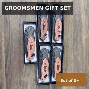 Personalized Groomsmen Knife Set, Damascus Pattern Style Pocket Knife/Belt Clip