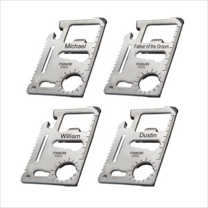 May include: Four silver multi-tool keychains with different names engraved on them: Michael, William, Father of the Groom, and Dustin. Each keychain has a bottle opener, a saw, a ruler, and a screwdriver.
