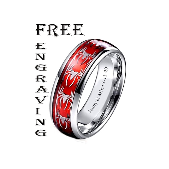 Engraved Tungsten Carbide Ring - Spider Inlay, 8mm Domed Band