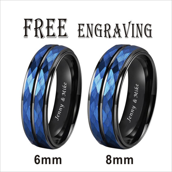Personalized Black Tungsten Blue Groove Edge Ring Blue Hammered
