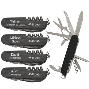May include: Four black pocket knives with personalized engravings. Each knife has a corkscrew, a saw, and other tools. The engravings include names like William, Michael, David, and Keith, along with titles like Father of the Groom, Groom, and Groomsman. The date 05-18-2024 is also engraved on each knife.