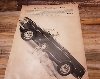 Anuncio de coches Fiat vintage, década de 1950, anuncio de coches antiguos, anuncio de coches de mediados de siglo