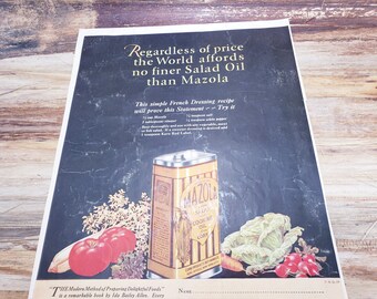 Anuncio de la década de 1920, Arte de portada, anuncio de aceite de mazola Vintage Ephemera