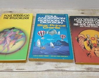 Poul Anderson vintage sci fi collection, The Queen of Darkness and Air, Star Prince Charlie, The Byworlder, 1970s, vintage science fiction