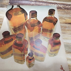 May include: A vintage advertisement featuring multiple bottles of Johnnie Walker blended scotch whisky. The bottles are arranged in a cluster on a white background. The bottles are all brown glass with gold labels and gold foil caps.