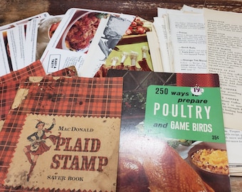 Huge Lot of Vintage Recipes, Recipe Booklet, recipe cards and plaid stamp saver booklet