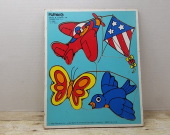 Playskool puzzle, 1982, vintage playskool, board puzzle, wood, mdf, vintage toy, things that fly