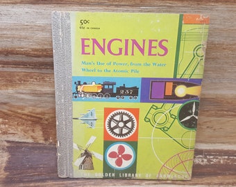 Engines, 1959, golden library of knowledge, vintage kids book, mid century book