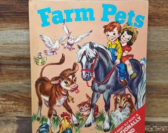 Animaux de compagnie de la ferme, 1954, livre Start Right Elf, presse à damier, livre pour enfants vintage