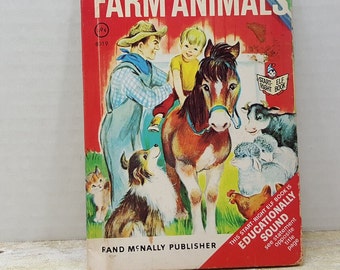 Animales de granja, 1966, Libro de elfos de Rand McNally, libro infantil vintage