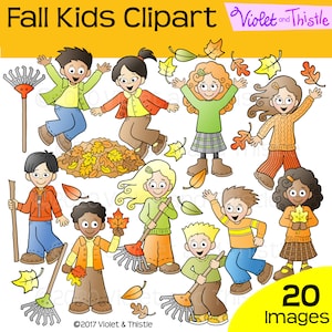 May include: A digital illustration set titled Fall Kids Clipart by Violet and Thistle featuring various children in autumn clothing, some holding rakes, jumping, or playing with scattered yellow, orange, and brown fall leaves on a white background.