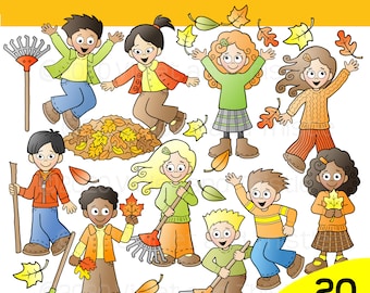 Puede incluir: Un conjunto de ilustraciones digitales titulado Fall Kids Clipart de Violet and Thistle que muestra a varios niños con ropa de otoño, algunos sosteniendo rastrillos, saltando o jugando con hojas de otoño amarillas, naranjas y marrones.