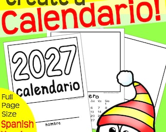 May include: A printable 2027 calendar activity set in Spanish featuring a cover page with the text 2027 calendario and nombre, alongside a penguin wearing a red and yellow striped hat. The pages include blank spaces for drawing and dates.