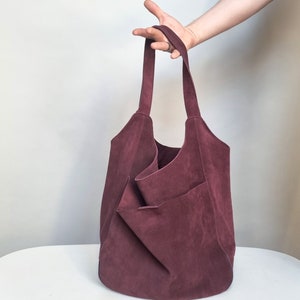 Aubergine hobo bag, slouchly leather bag, egplant suede , gift for her, leather laptop bag, black leather tote bag zdjęcie 9