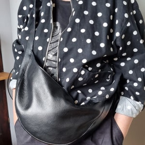 Black banana bag, bag crossbody purse, Medium soft shoulder bag, casual purse, gift for her, street style, tied belt, Black Croissant bag zdjęcie 6