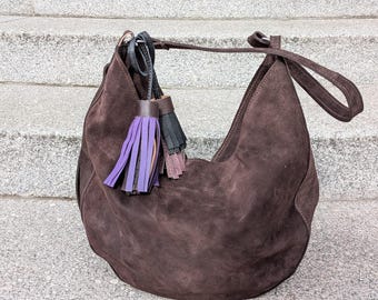 Chocolate Brown Suede Leather Hobo Bag – Soft Tassel Shoulder Crossbody Everyday Bag