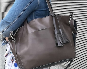 Gray shoulder leather bag for women, graphit shoulder bag, gift under 40, gift for her, book bag, everyday bag