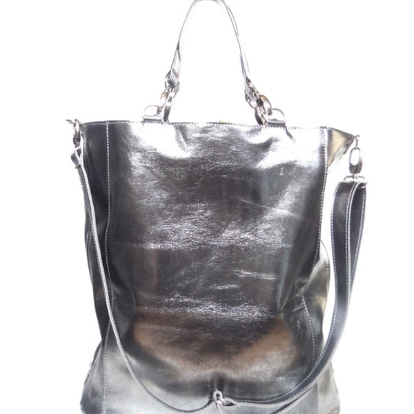 Silver leather  bag for women, metallic leather bag, large metallic bag, gift for mom/sister/her/wife