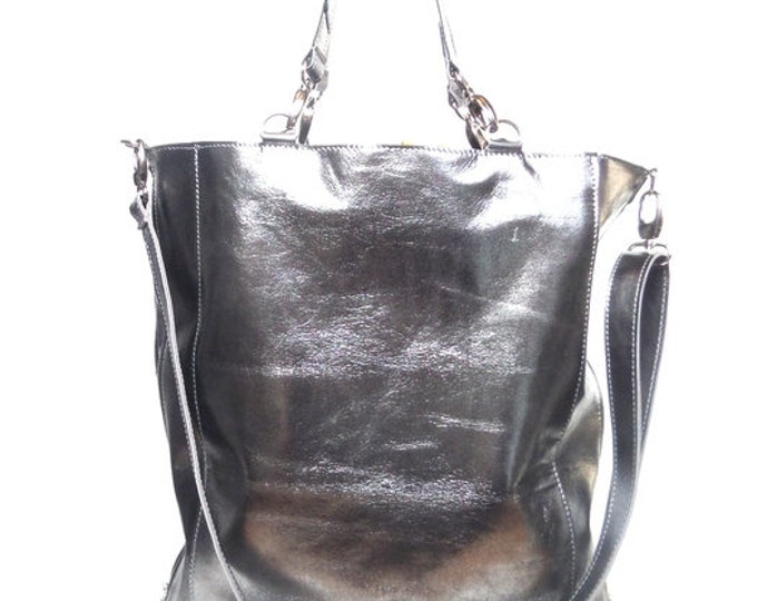 Silver leather  bag for women, metallic leather bag, large metallic bag, gift for mom/sister/her/wife