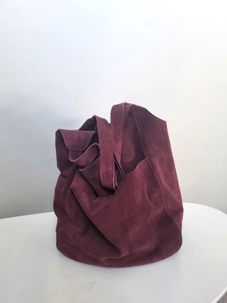 Aubergine hobo bag, slouchly leather bag, egplant suede , gift for her, leather laptop bag, black leather tote bag image 3