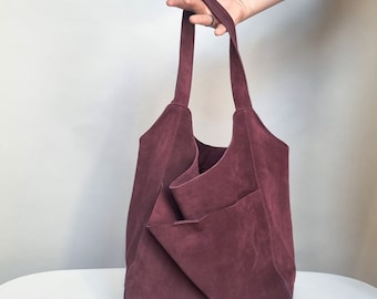 Aubergine hobo bag, slouchly leather bag, egplant suede ,  gift for her, leather laptop bag, black leather tote bag