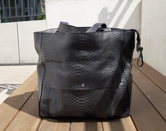 Black large leather bag for women, leather embossed in a lizard, boho style bag, gift for wife,