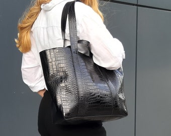 Black Leather tote bag, Black Croco bag, oversized handbag, black Embossed leather bag, Large shopper bag, crocodile bag, Women bag for work