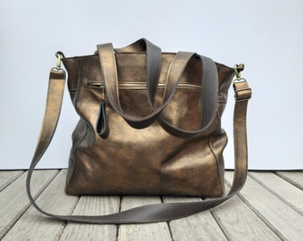 Gold leather bag, gold shopper, oversized gold bag, Metallic surfaces, birthday gift, Metallic large leather bag