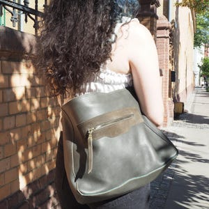 Green leather hobo bag, large slouchy handbag, soft leather, , casual everyday purse, work outfit bag, gift for her, shoulder laptop bag