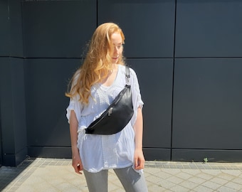 Black Leather Belt Bag, Crossbody Hip Bag, Adjustable Strap