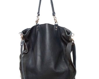 Large leather Bag for women, gift for Her, soft natural leather bag, sack, black leather shoulder bag for women, slouchly leather bag