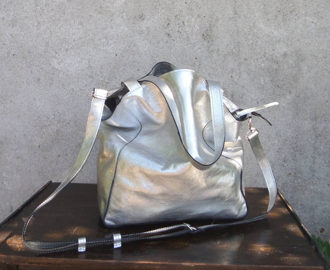 Silver Leather Bag for Women, Metallic Surfaces, Birthday Gift, Metallic Large Leather Bag Etsy