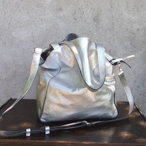 Silver leather bag for women, Metallic surfaces, birthday gift, Metallic large leather bag