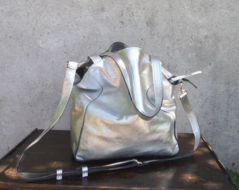 Silver leather bag for women, Metallic surfaces, birthday gift, Metallic large leather bag