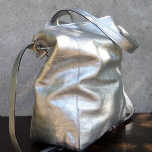 Silver leather bag for women, Metallic surfaces, birthday gift, Metallic large leather bag zdjęcie 3