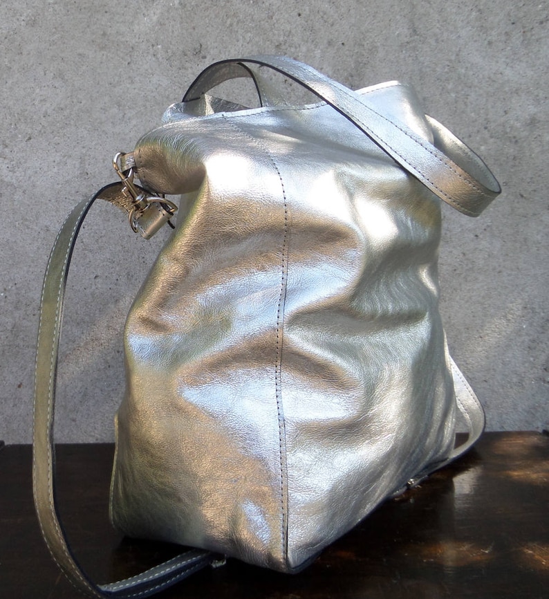 Silver leather bag for women, Metallic surfaces, birthday gift, Metallic large leather bag zdjęcie 3