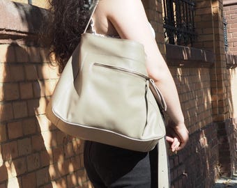 Sac hobo en cuir beige, grand sac à bandoulière souple