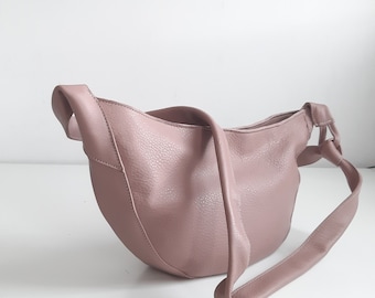 Dirty pink banana bag, crossbody purse, Medium soft shoulder bag, blush casual purse, gift for her, street style, tied belt,  Croissant bag