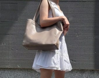 Taupe Shoulder Bags, capuccino shopper, beige casual bag, gift for wife, soft leatherg, every day bag